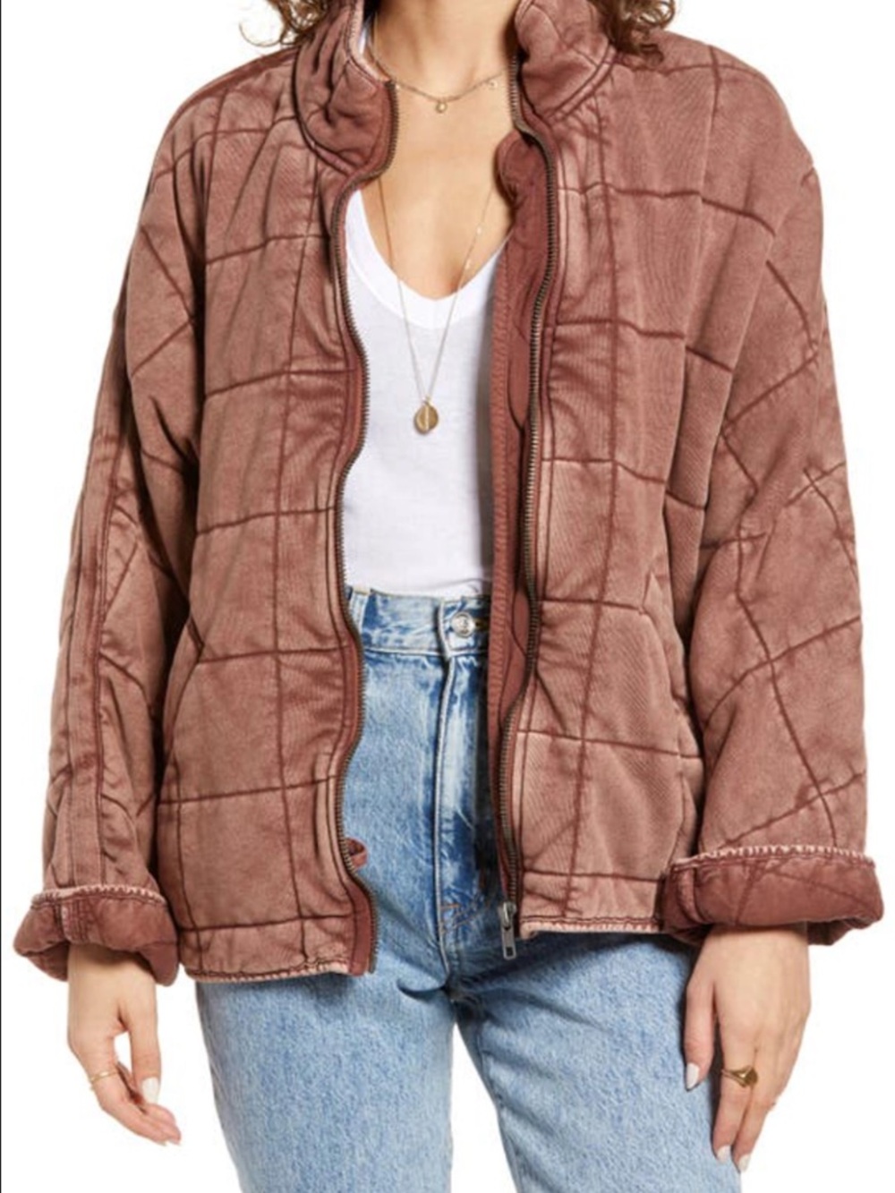 Free People Quilted Dolman Jacket in Dusty Rose